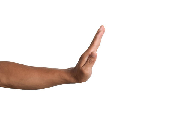 Мужская рука с жестом стоп. Изолированный на белом фоне