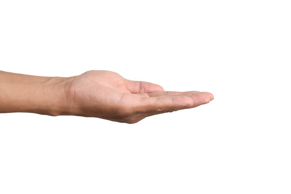 Close up of a hand holding something isolated on a white background with clipping path.