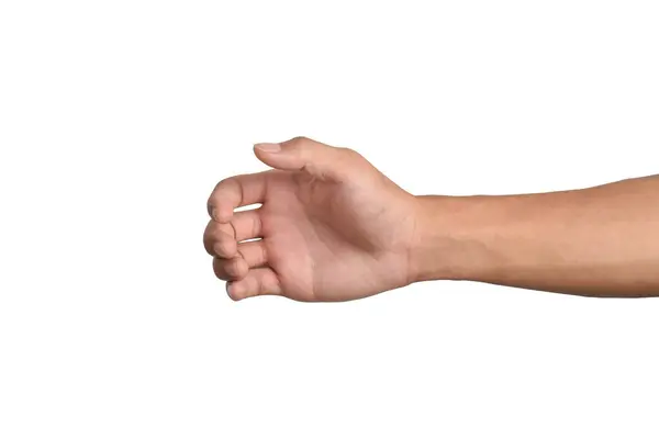 Erkek eli şişe gibi bir şey tutuyor ya da kesme yolu ile beyaz arka planda izole edilebilir..