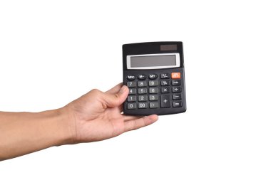 El tutuşu hesap makinesi beyaz arkaplanda izole edildi