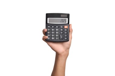 El tutuşu hesap makinesi beyaz arkaplanda izole edildi