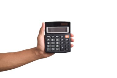 El tutuşu hesap makinesi beyaz arkaplanda izole edildi