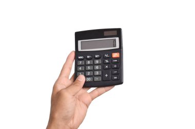 El tutuşu hesap makinesi beyaz arkaplanda izole edildi