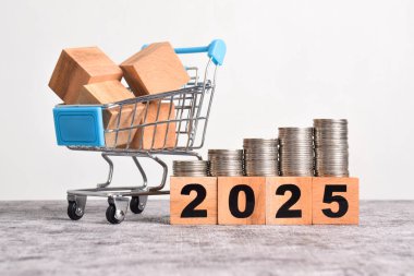 Yeni yılın kutlu olsun, alışveriş arabası ve madeni paralarla. Çevrimiçi alışveriş, Pazar yeri platformu web sitesi, teknoloji, ekommerce, nakliye teslimatı, lojistik ve çevrimiçi ödeme kavramı