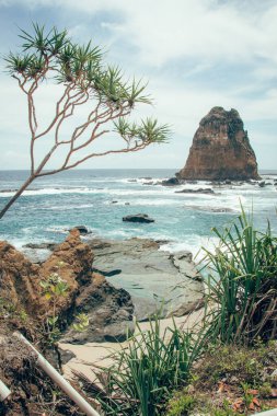 Landscape of Tanjung Papuma beach in Jember, Indonesia. Beautiful beach with Rock Island. clipart