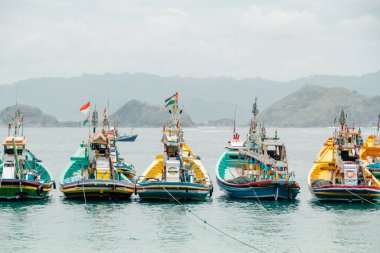 A row of wooden fishing boats on a beautiful beach. Tanjung Papuma, Jember, Indonesia clipart