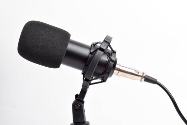 Stüdyo yoğunlaştırıcı mikrofonu beyaz arkaplanda izole edildi.