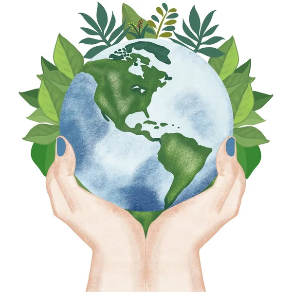 Two Hands Holding Greener Earth Planet Watercolor Painting — Stock Photo, Image