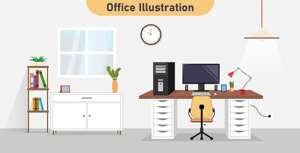 Innenraum Home Office Interieur Büroarbeitsplatzmöbel Innenraumkonzept Vektor Flache Grafik Design — Stockvektor