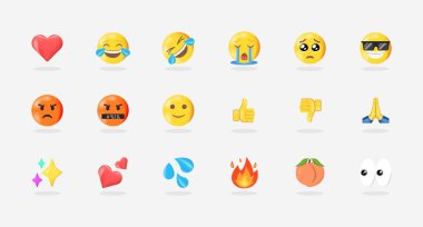 Bir sürü kullanışlı duygu, kalp, kahkaha, ROLF, Ağlama, Üzgün, Öfkeli, Baş parmak aşağı, Şeftali, ateş, ışıltı, çoğu emoji vektör simgesi kullan.