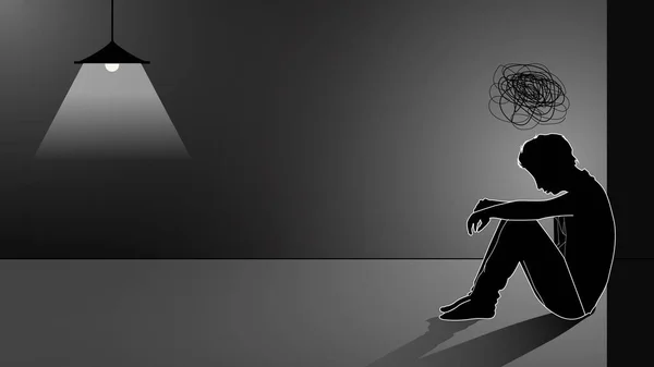 Unhappy Silhouette Very Sad Young Man Sitting Alone Depressed Young — Stock Vector