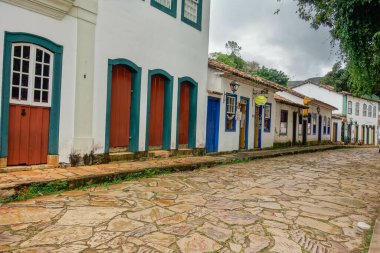 colored facade of ancient houses in Tiradentes historic city, in Minas Gerais, Brazil.