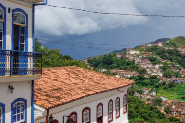 colored facade and porches of ancient buildings in Ouro Preto, Minas Gerais, Brazil.