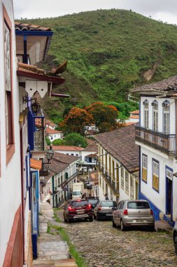 Ouro Preto, MG, Brazil - 01.08.23: Car traffic on narrow slopes of former colonial mining town.