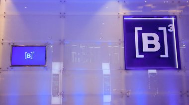 Sao Paulo, Brazil - 01.28.23: logotypes of B3 Bovespa stock exchange at Museu da Bolsa do Brasil.