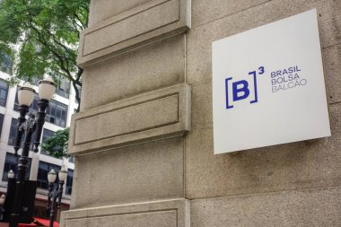Sao Paulo, Brazil - 01.28.23: facade of old B3 Bovespa stock exchange building, with company logo.
