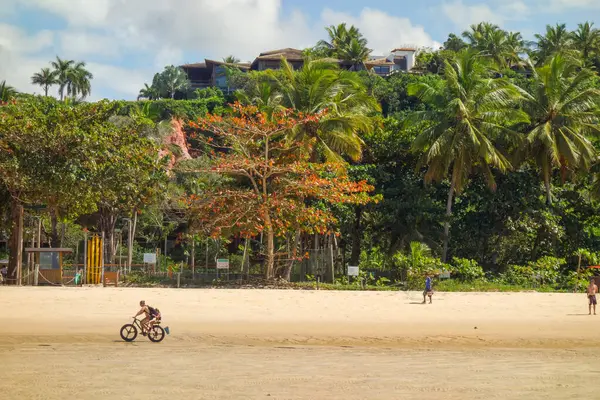 Человек Катается Велосипеде Тропическому Солнечному Пляжу Sideview — стоковое фото