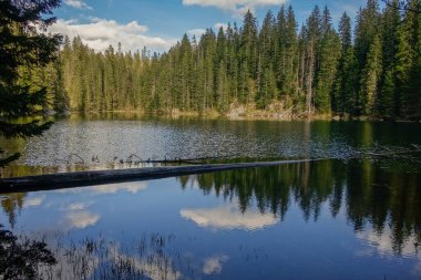 Durmitor Ulusal Parkı, Zabljak, Karadağ 'daki Zminje gölünün yüzeyine gün batımı yansıyor.