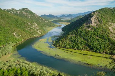 Karadağ 'ın Pavlova Strana kentinden Crnojevica Nehri ve Skadar Gölü' nün geniş manzarası.