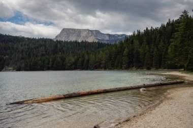 Karadağ 'ın Zabljak kentindeki Durmitor Milli Parkı' nda arka planda dağ sırasına sahip Kara Göl.