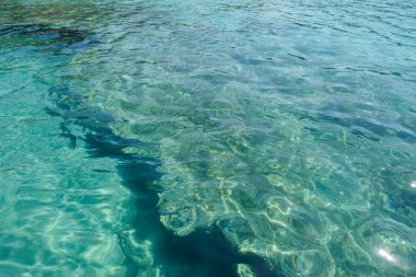 Güzel turkuaz kristal berrak su sığ denizde mercan kayalıkları ile.
