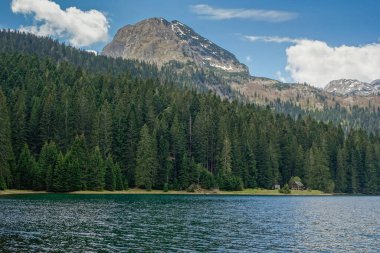 Karadağ 'ın Zabljak kentindeki Durmitor Milli Parkı' nda arka planda dağ sırasına sahip Kara Göl.