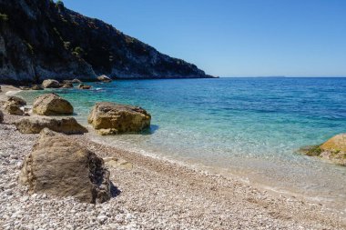 Arnavutluk 'un Himara kentindeki Filikuri Plajı güneşli bir günde gözlerden uzak..