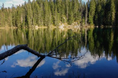 Durmitor Ulusal Parkı, Zabljak, Karadağ 'daki Zminje gölünün yüzeyine gün batımı yansıyor.