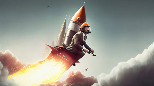 Businessman in suit and helmet flying on rocket. Mixed media. High quality photo