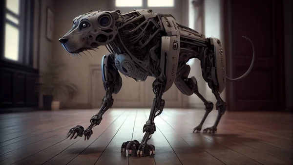 robot in a room with a wooden floor. High quality photo