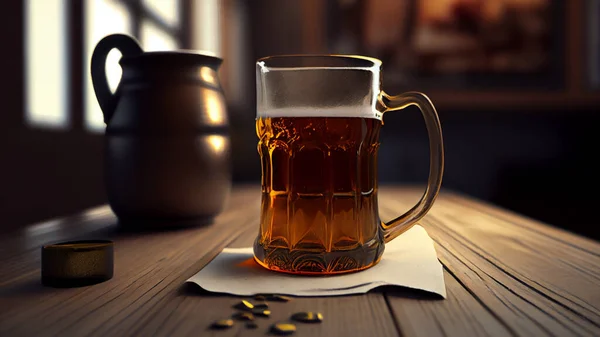 Glass of beer on a wooden table in a pub. High quality photo