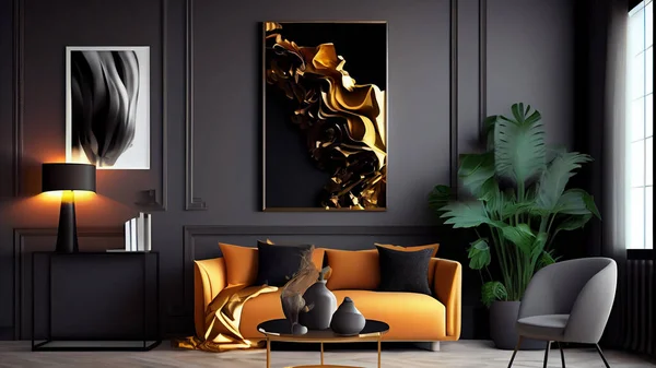 Interior of modern living room with gold and black furniture, 3d render