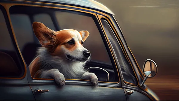 Corgi dog looking out the window of a vintage car. High quality photo