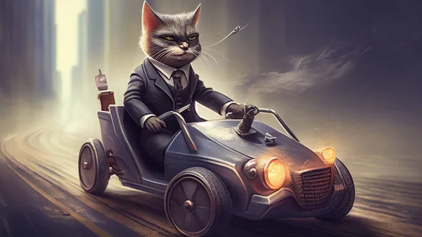 Funny cat driving a car on the road in the night. High quality photo