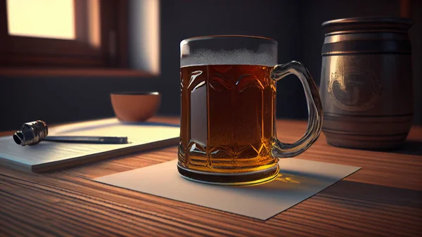 A mug of beer on the table in a dark room. . High quality photo