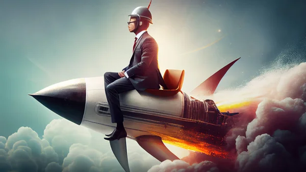 Businessman riding on rocket. Mixed media. High quality photo