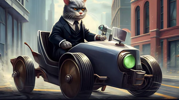 Businessman driving a car with a cat instead of a head. High quality photo