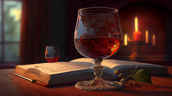A glass of brandy on a wooden table with an open book. High quality photo
