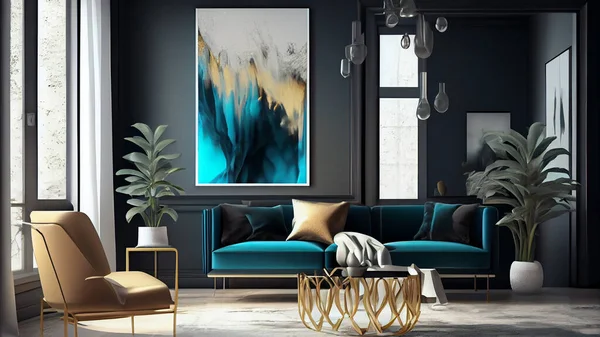 Interior of modern living room with black walls, concrete floor, comfortable blue sofa and armchair near window. High quality photo