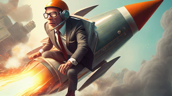 Businessman in helmet and glasses flying on rocket. High quality photo