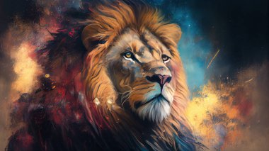 Lion head and colorful background. Digital painting. High quality photo