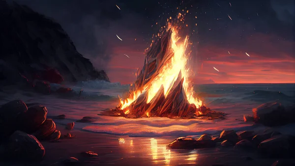Fantasy landscape with a burning volcano in the sea. High quality photo