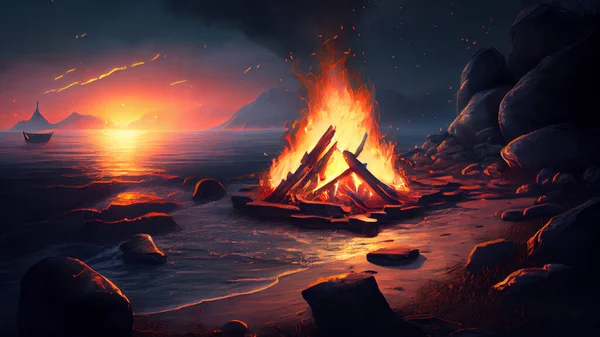 Bonfire in the water at sunset. High quality photo