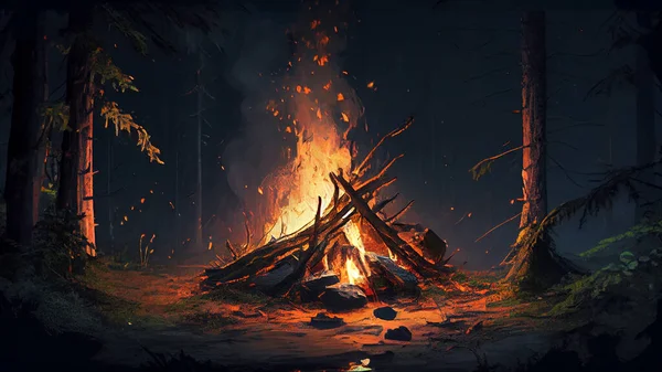 Burning bonfire in the forest at night, digital painting illustration. High quality photo