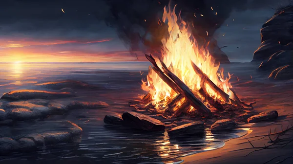 Fantasy landscape with a bonfire in the sea. . High quality photo