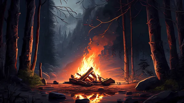 Dangerous bonfire in the forest at night. High quality photo