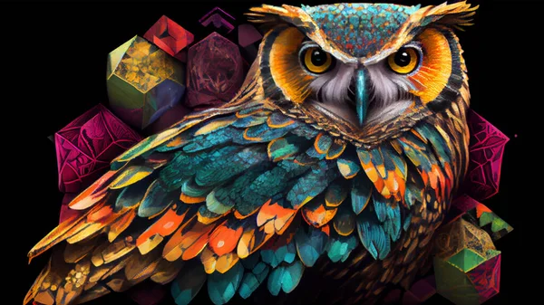 Owl with multicolored cubes. Illustration on black background. High quality photo