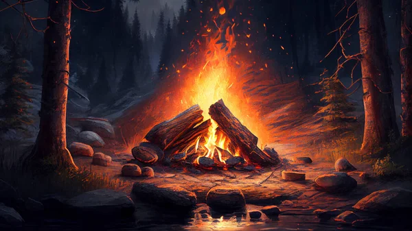 Campfire in the forest, digital painting. High quality photo
