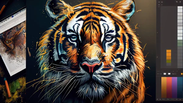 Digital painting of a tigers face in front of a black background. High quality photo