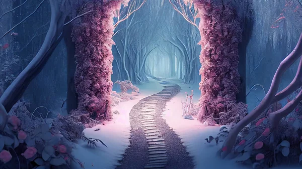 Fantasy landscape with pathway in the forest. High quality photo
